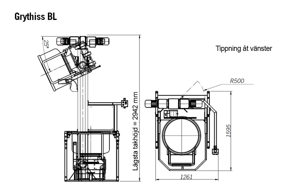 Grytlift för lyftning och tippning av deggryta måttskiss Glimek