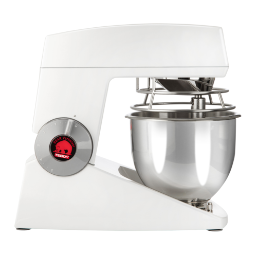 Vispmaskinen Teddy från Varimixer har ett vred som kan justeras med endera handen. Detta gör att maskinen kan placeras mot en vägg och användaren kommer ändå enkelt åt reglaget.