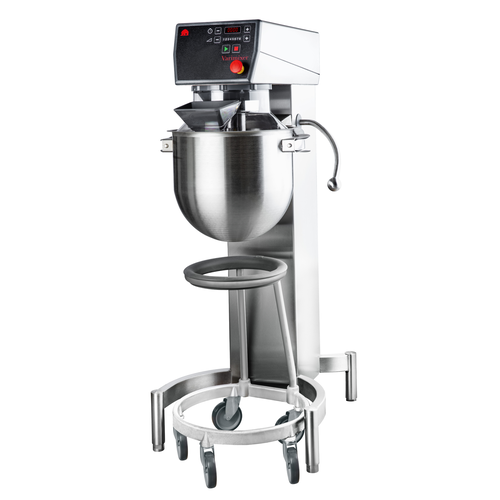 Vispmaskin och degblandare om 30 liter från danska Varimixer. Denna modell kan kompletteras med en mindre 15-literskittel och tillhörande redskap för produktion av mindre mängder. Går också att kombinera med ett hjälputtag för köttkvarn och grönsaksskärare.