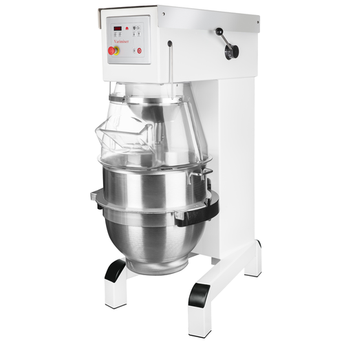 Vit vispmaskin AR100 från Varimixer. Denna modell är utrustad med säkerhetsskydd i plast och har manuell hastighetsreglering. Automatisk sänkning av kitteln som standard. Kittel om 100 liter samt verktygen visp, krok och blandningsspade medföljer som standard. Köp vispmaskinen från Sveba Dahlen.