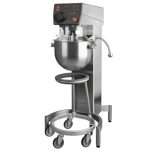 Vispmaskin och degblandare Varimixer Kodiak 20 liter i golvmodell. Kraftig blandningsmaskin som drivs med 230 volt och kan anslutas till ett vanligt eluttag. Vagnen är ergonomisk och kitteln kan rullas direkt till och från maskinen i rätt arbetshöjd. Kitteln kan tippas men sitter säkert i en gummiring när den flyttas. Maskinen på bilden är utrustad med hjälputtag för tillval av köttkvarn och grönsaksskärare. 