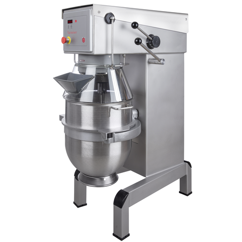 Vispmaskin i rostfritt stål med manuell hastighetsreglering från Varimixer. Modell AR40 med säkerhetsskydd i plast. Kittel för 40 liter.