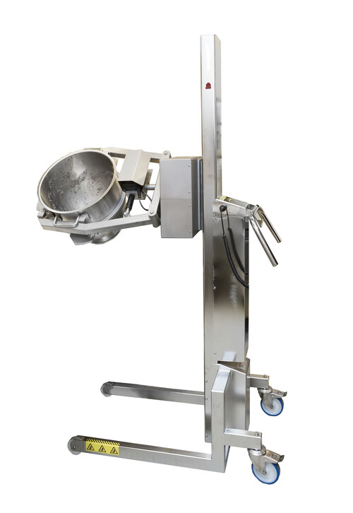 Grytlyft Flexilift Inox från Varimixer. Flexibel grytlyft som lyfter, tippar och tömmer. Drivs med fjärrkontroll.